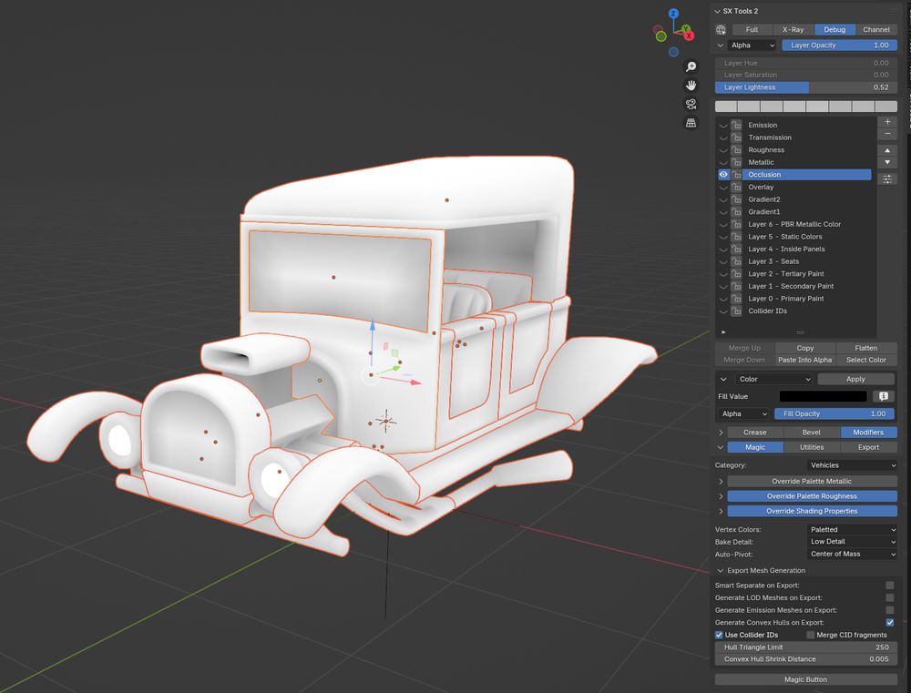 The UI for SX Tools 2 for Blender, showing the layer list and the tool modules.