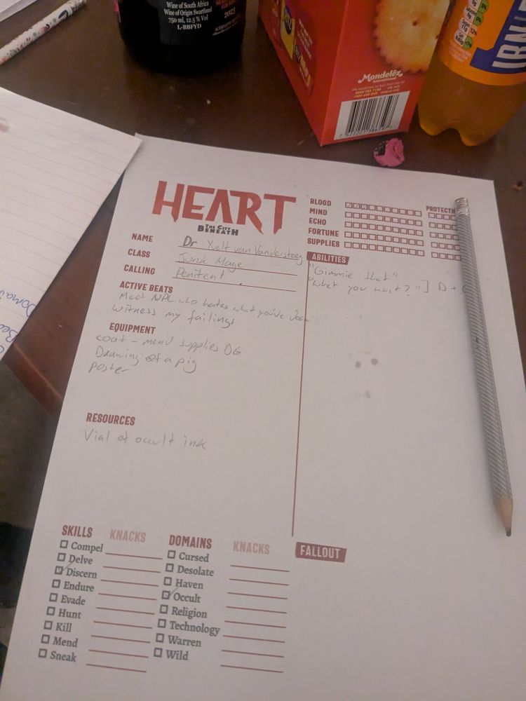 Character sheet for the RPG
 Heart: The city beneath