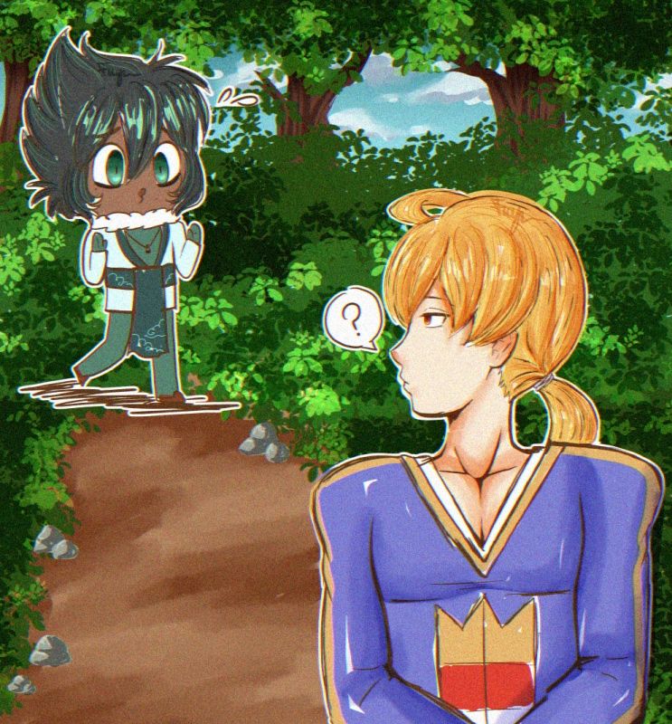 A doodle of my OC backing away from Ramza. They are in a forest.