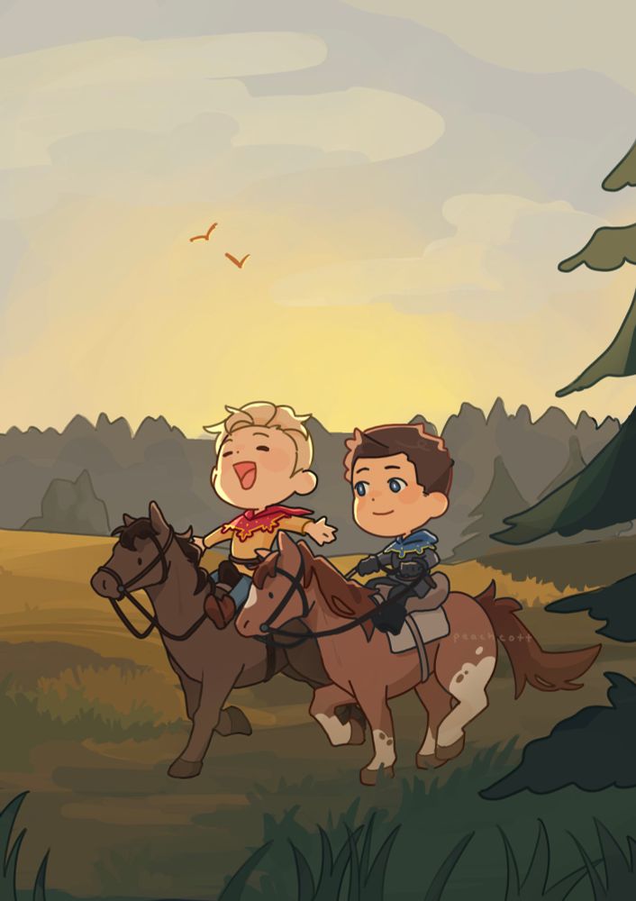 a digital illustration of hans capon and henry of skalitz riding through a field at dawn. henty looks at hans fondly. hans has his arms outstretched and his head tipped back, ostensibly yelling something joyously.