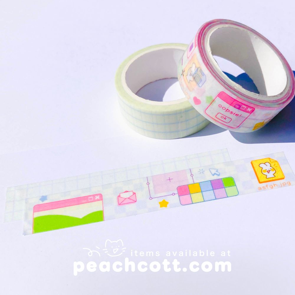 an ms paint themed washi tape with text reading “items available at peachcott.com”