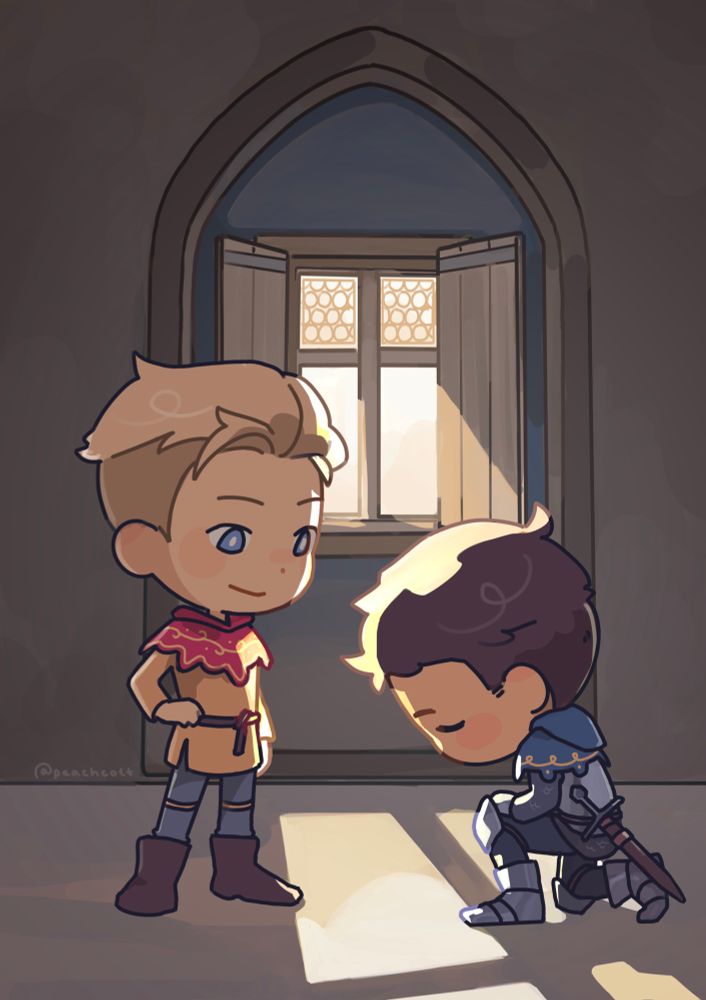 a digital illustration. henry of skalitz kneels in the golden light through a window, at hans capon’s feet.