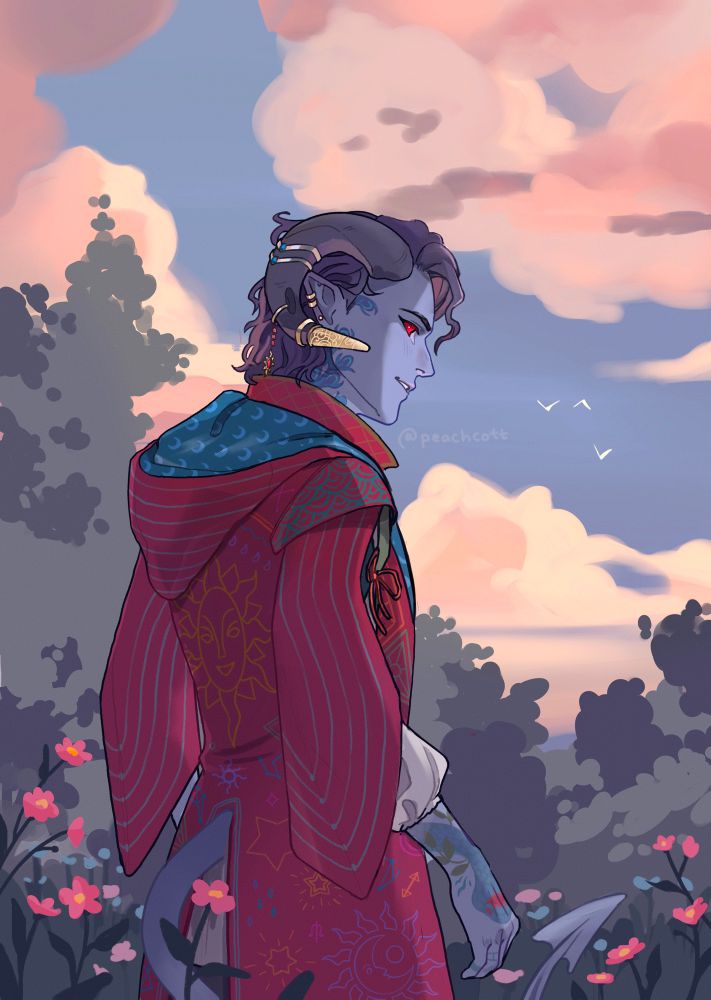 a digital illustration of mollymauk tealeaf, in a field of flowers against a sunset-coloured sky.