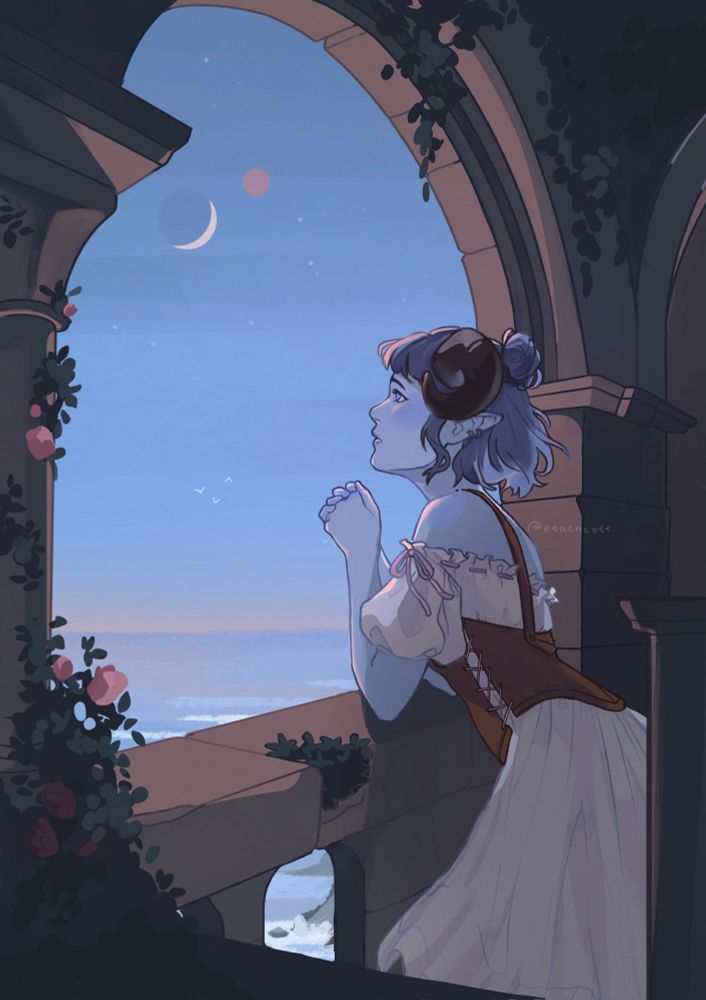 a digital illustration of jester lavorre. she is wearing her dress and corset, but not her cloak or belts and pouches. she is praying on a stone balcony overlooking the dusk ocean.