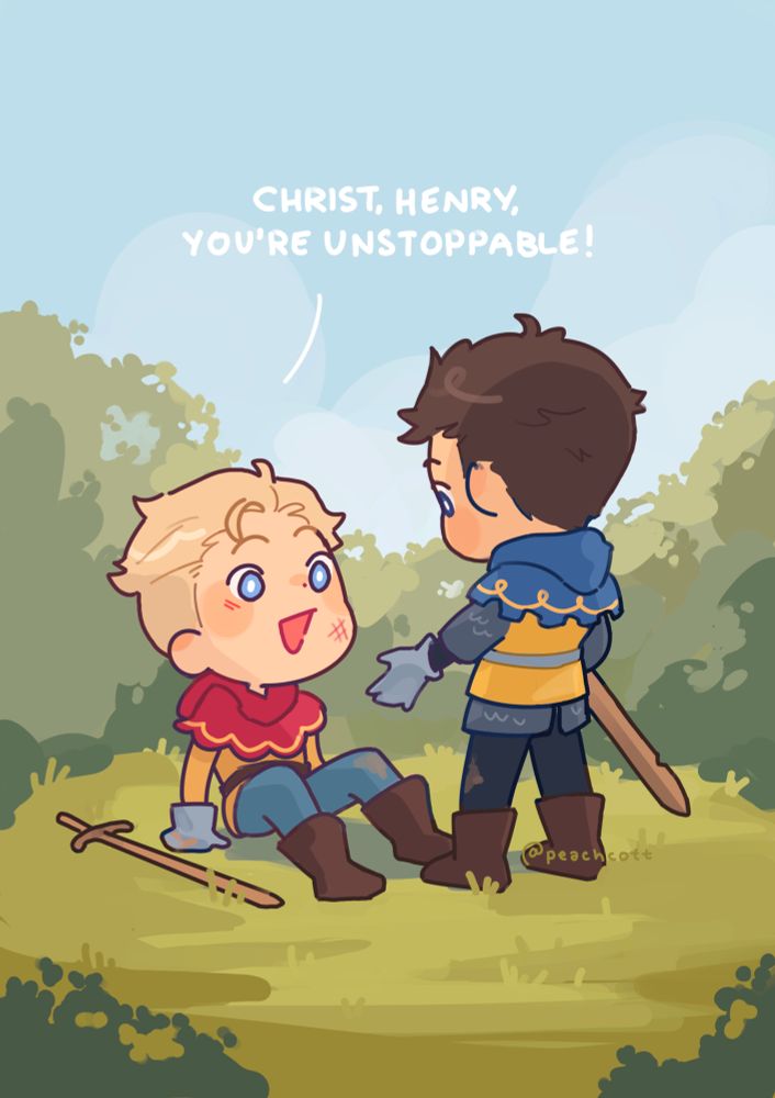 a digital illustration of two chibi figures in a grassy clearing. hans capon is on the ground, wooden sword beside him, dirty. standing over him, henry of skalitz offers him a hand up. hans is saying, “christ, henry, you’re unstoppable!”