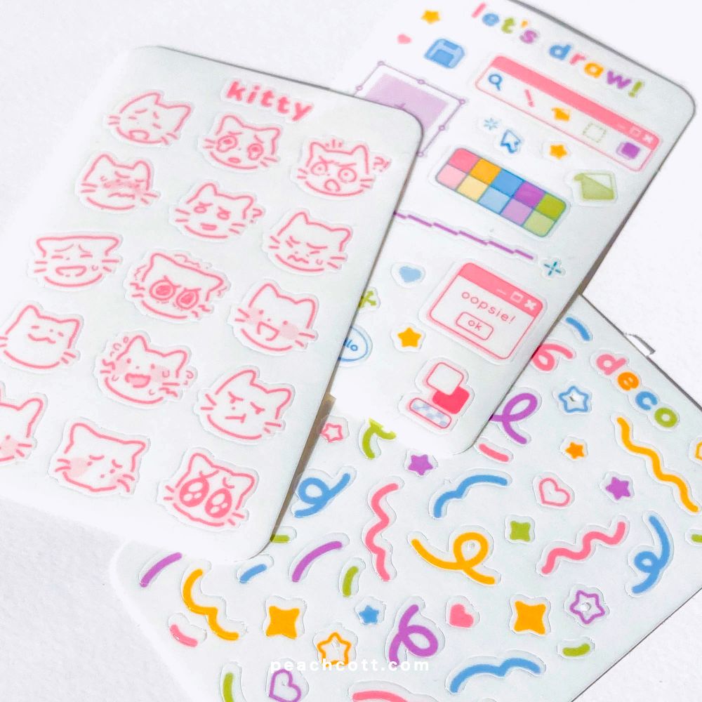 3 miniature sticker sheets in bright colours. one features cats, another is ms paint themed, and the third is decorative stars and squiggles.