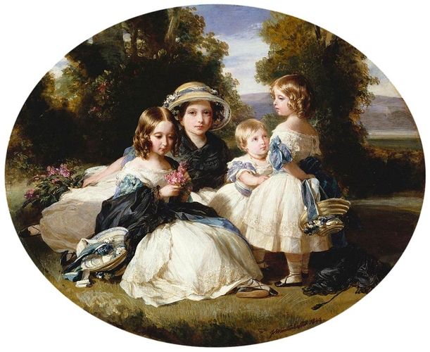 A painting of several of Queen Victoria's children, all dressed n white with blue trimmings.