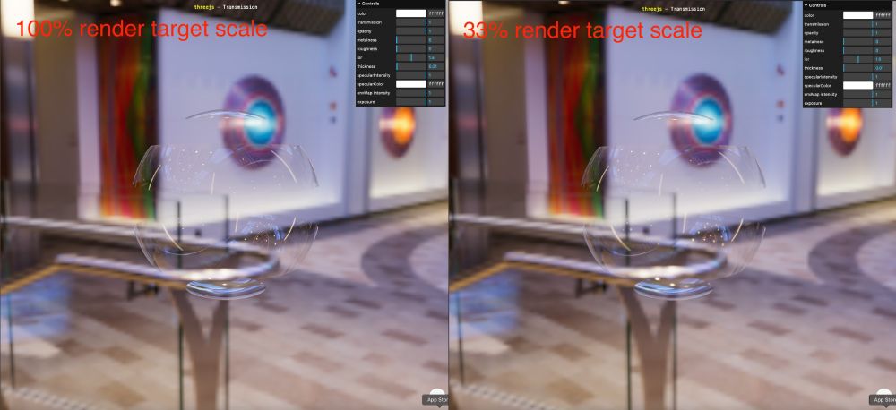 A comparison between a 33% and 100% transmission render target resolution scale