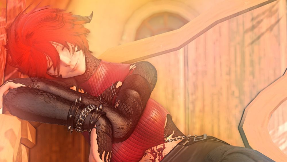 A sleeping Au'Ra on the bench with the sunset shining on there left side.