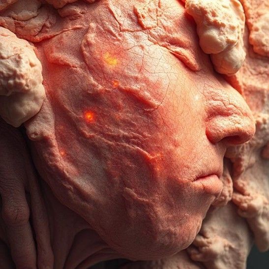 Image of a human-esque face in close-up, sort of like a foetus, clearly formed but existing in a world of meat. The facial expression is calm, as if sleeping. The image doesn't look quite right - it's high resolution and detailed, but what it depicts is impossible. The image is AI-generated.
