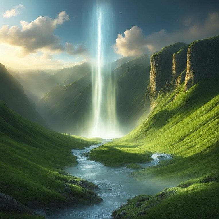An AI-generated image of a lush green valley with a river running through it. At the far end of the valley, a waterfall rises up into the sky