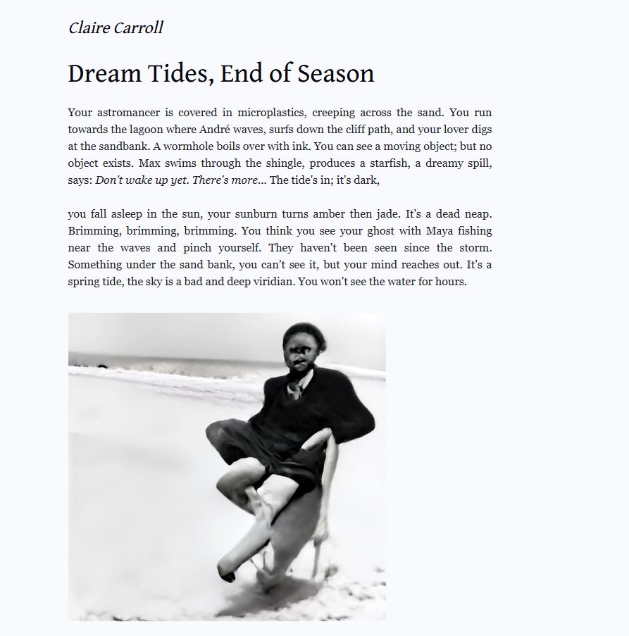 Screenshot of 'Dream Tides, End of Season', a poem by Claire Carroll, with accompanying AI-generated image of a figure sitting on a beach, with distorted / poorly-rendered facial features and limbs. The poem is available to read by following the link.