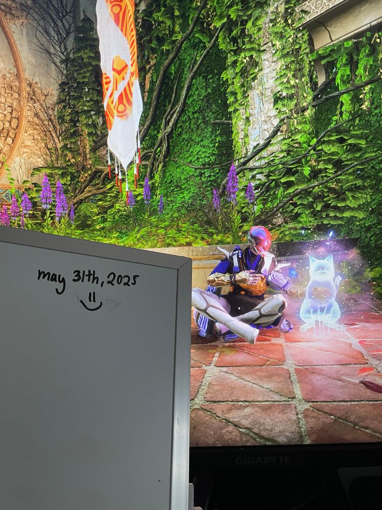 My guardian petting a cat, with a whiteboard that has today’s date on it