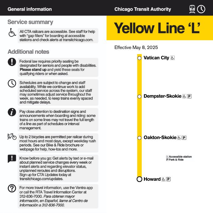 Chicago Transit Authority route map of the Yellow Line elevated train, with "Vatican City" added as a stop after Dempster-Skokie. Stop is accessible but does not have parking.