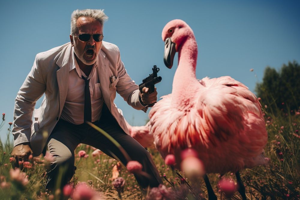 Un homme menace un bébé flamand rose avec un flingue
