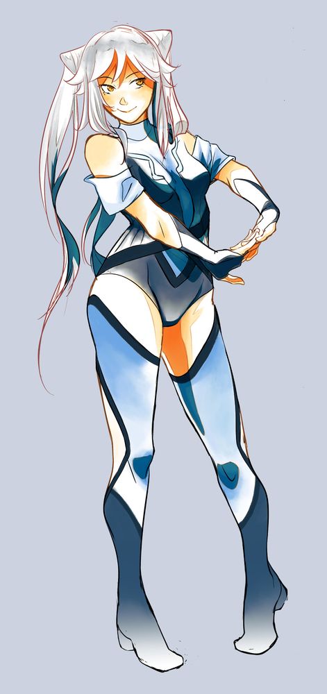 sketch of a white haired character wearing tight futuristic clothes
