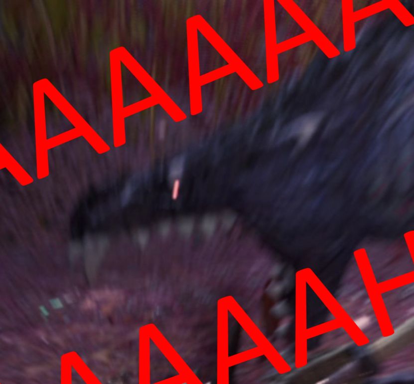 A black odagaron screaming in motion blur with subtitles in bright red letters reading "AAAAAAAAAAAAAAAAAAAAAAH"