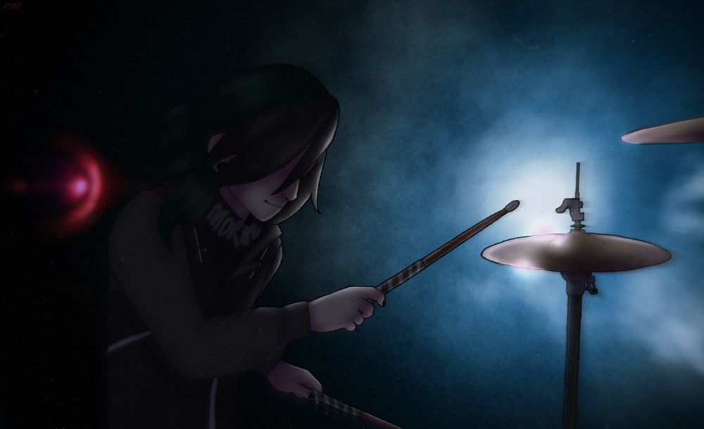 a digital art piece of an androgynous person in a dark setting. they’re wearing a layered outfit of various shades of grey and black and have green and black shoulder length hair halfway tied up. they’re holding red drumsticks with black and white grip tape and hitting the cymbal of a drum set. the background is dark and similar to the moon on a cloudy night, and there is a red lens flare on the left side of the picture.