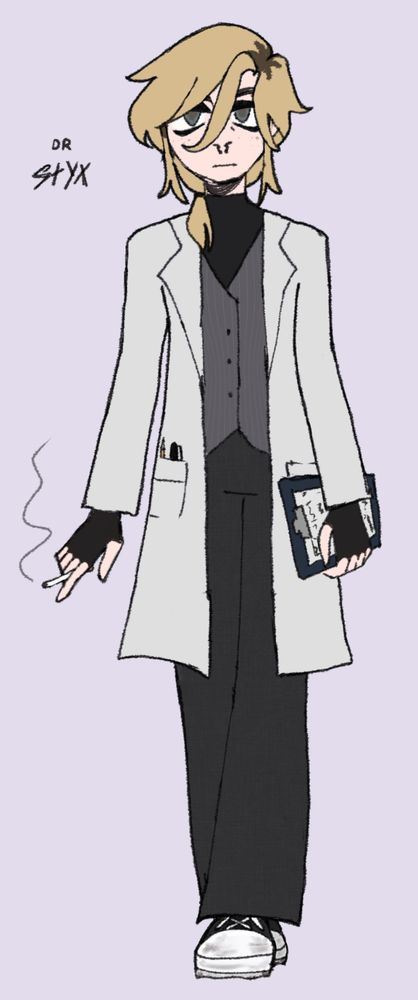 art of an androgynous person in a lab coat and business casual clothes consisting of a black turtleneck, grey pinstripe buttoned vest, and loose fitting black dress pants. they’re holding a dark blue clipboard in one hand and a lit cigarette in the other. they’re very pale and have messy grown out bleached hair tied in a loose ponytail that sits on their shoulder. their slightly downturned eyes are greyish blue with some dull amber in the center. they have a septum ring and are wearing black compression gloves and dirty black and white platform sneakers. their expression and body language are neutral, if not slightly annoyed or tired. “DR STYX” is written in slightly edgy or messy handwriting beside them.