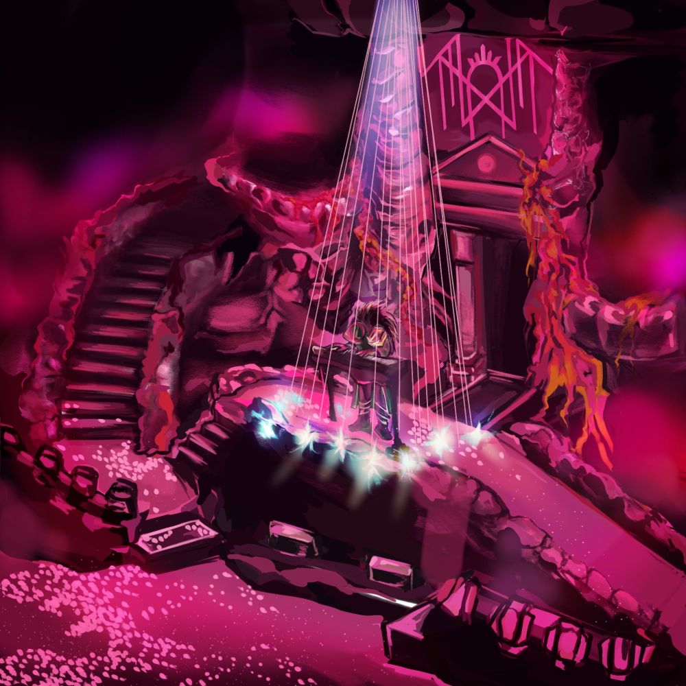 a music stage made to look like a castle is covered in pink lighting with rose colored confetti on the floor. There is a ramp on the right and a staircase on the left coming down from a second floor. In the center is a masked man leaning onto a piano as he plays it, pink and white lighting on his silhouette, while lights imitate bars of a prison around him