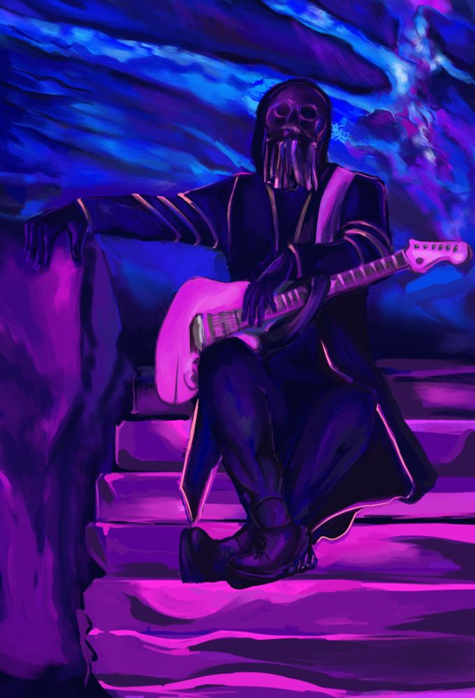 a masked guitarest sits on uneven purple stairs while resting one hand on his guitar and another on the stone railing beside him. the background is multiple shades of blue and purple on an abstracted castle wall