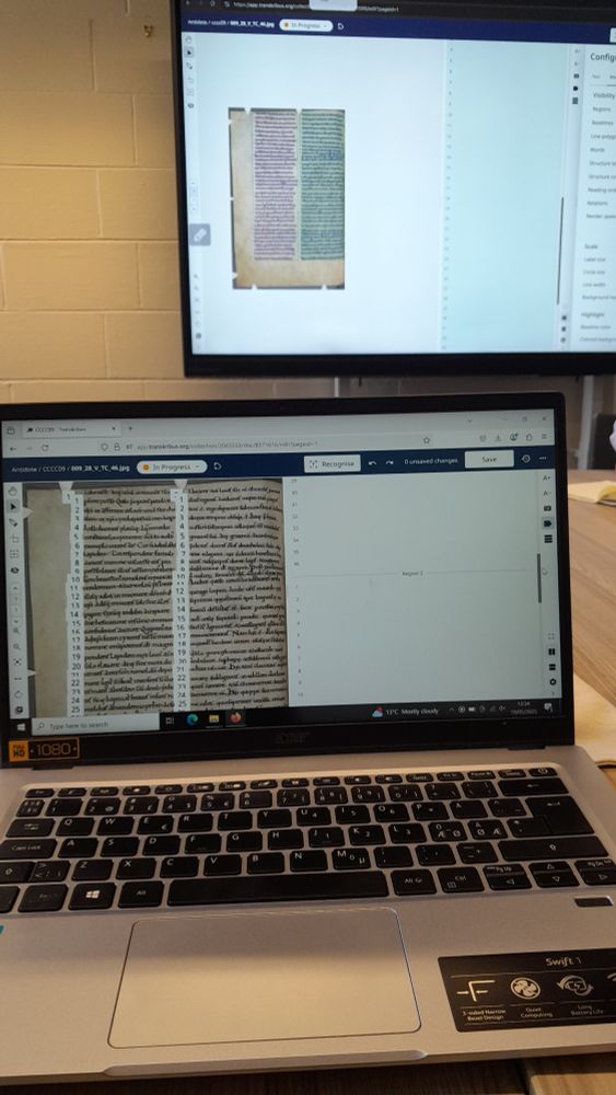 Laptop screen showing HTR software in use with a digitized medieval manuscript image visible on screen.