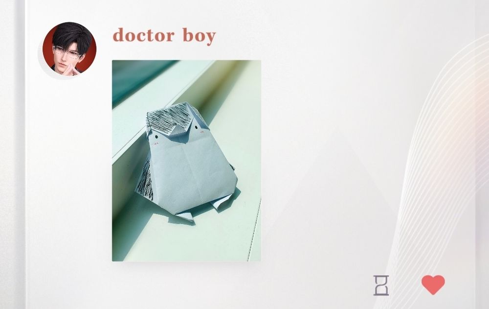 a social media post from Zayne in the game Love and Deepspace of an image of an origami figure he made of a cute blue bird