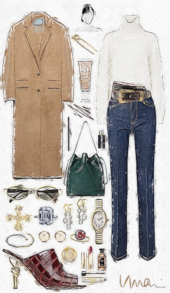 A fall-inspired fashion set, featuring a forest green bucket bag by The Row, dark-wash straight-leg jeans, alligator Bottega Veneta mules, and a camel-colored Prada wool coat. 