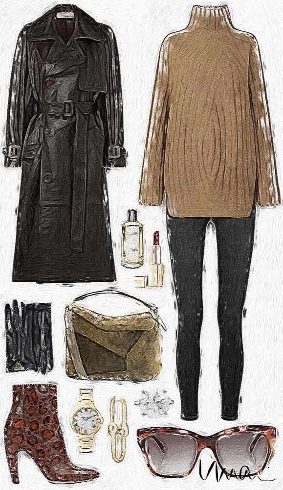A feast-worthy fit, consisting of a brown Issey Miyake sweater, a brown Nour Hammour leather trench coat, brown Bottega Veneta ankle boots, Prada leather gloves, and a Loewe green shearling Puzzle bag. 