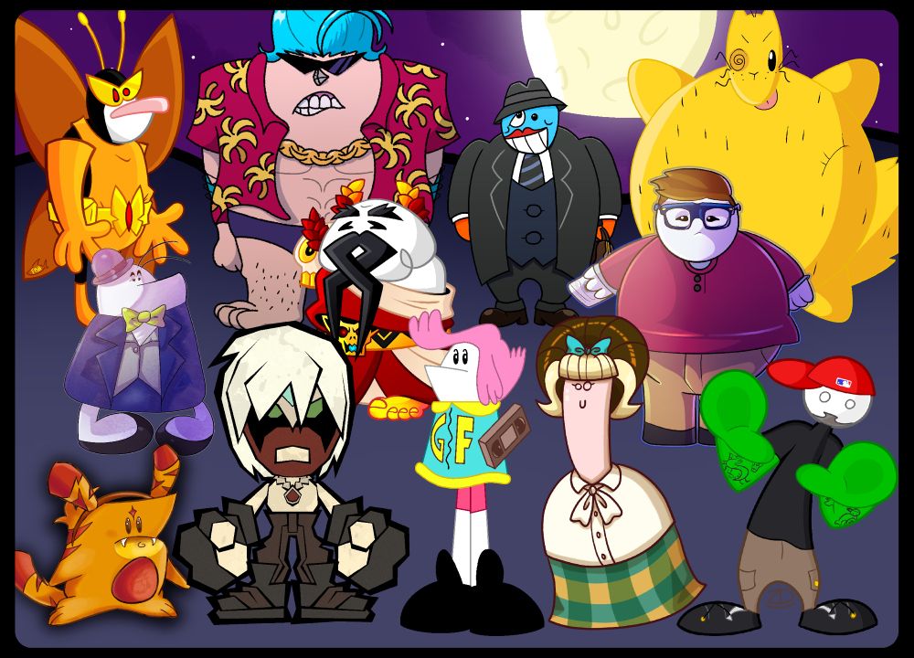 The twelve main peoples of homestarrunner.com in their usual end-of-halloween-toon formation, dressed in costumes that YOU, THE VIEWER can guesstimate to what they’re referencing