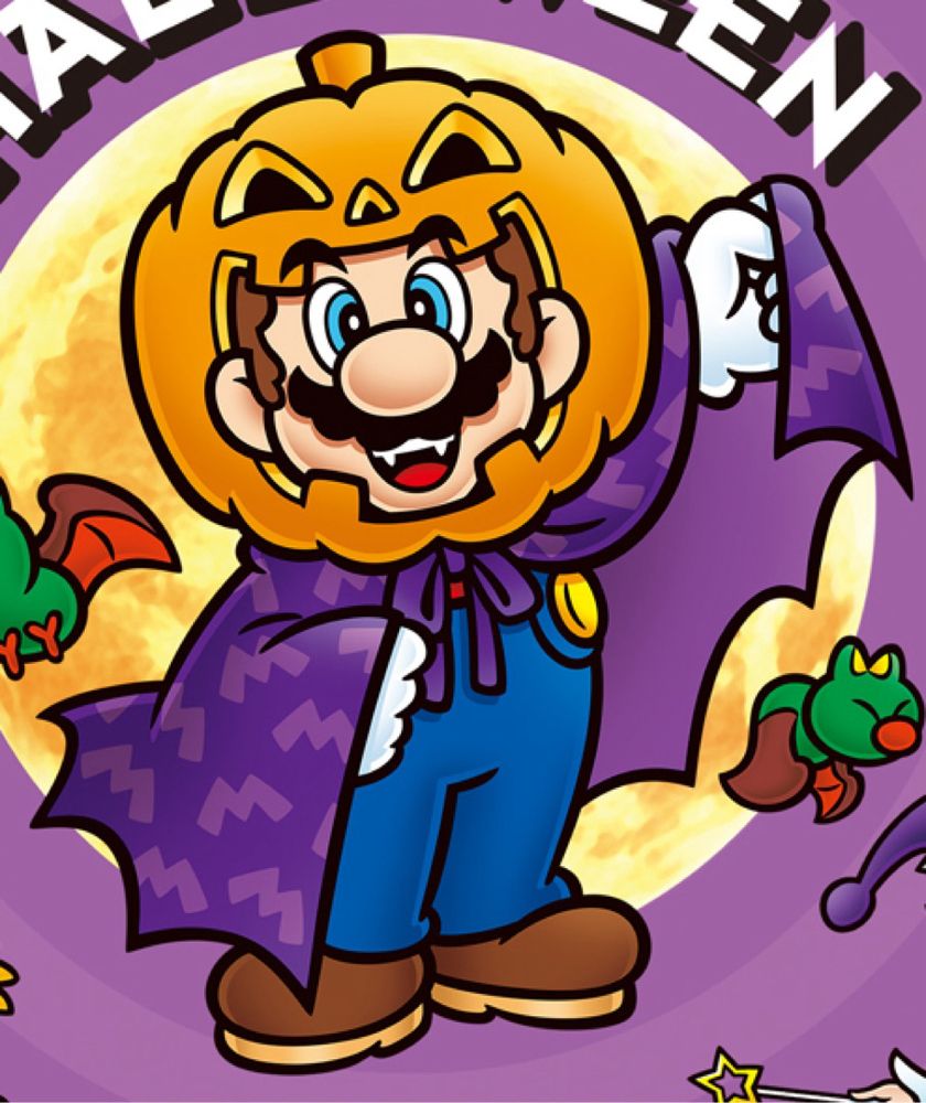 Mario with vampire teeth, wearing a pumpkin helmet and purple m-emblazoned cape. What is he trying to go as for Halloween???