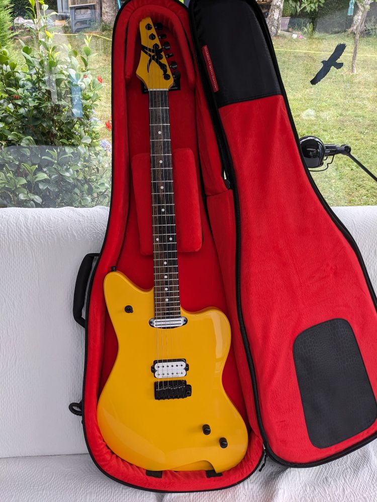 Photo de ma nouvelle guitare de forme jazz master jaune avec deux micros doubles blancs (micro manche au format simple), tête reverse avec couleur assortie ainsi qu'un sélecteur 3 positions sur la corne supérieure et un volume et une tonalité splittant chacun leur micro respectif grâce à une action push-push
