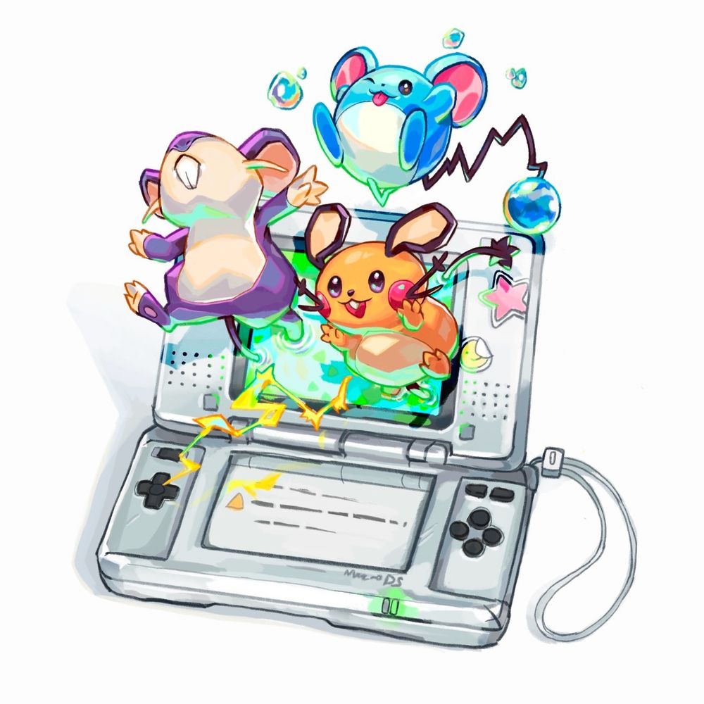 Three Pokémon, Rattata, Dedenne, and Marill, are shown emerging from a ds tank in a cartoon art style illustration.