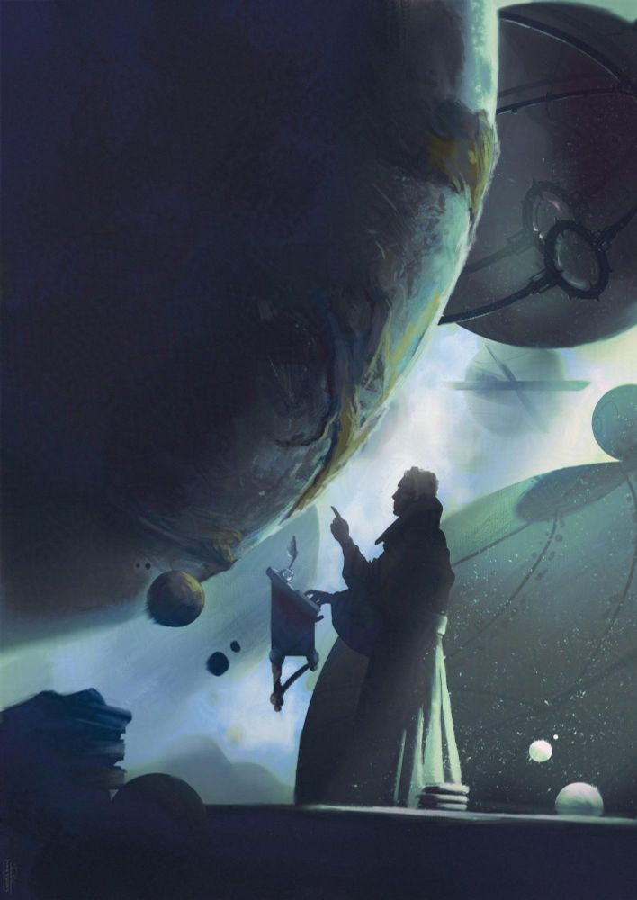 n the foreground a backlight figure seems to be studying a huge orb that hangs in the air like a planet, averything is bathed in light and dark and mist and all around levitate more spheres of different sizes.