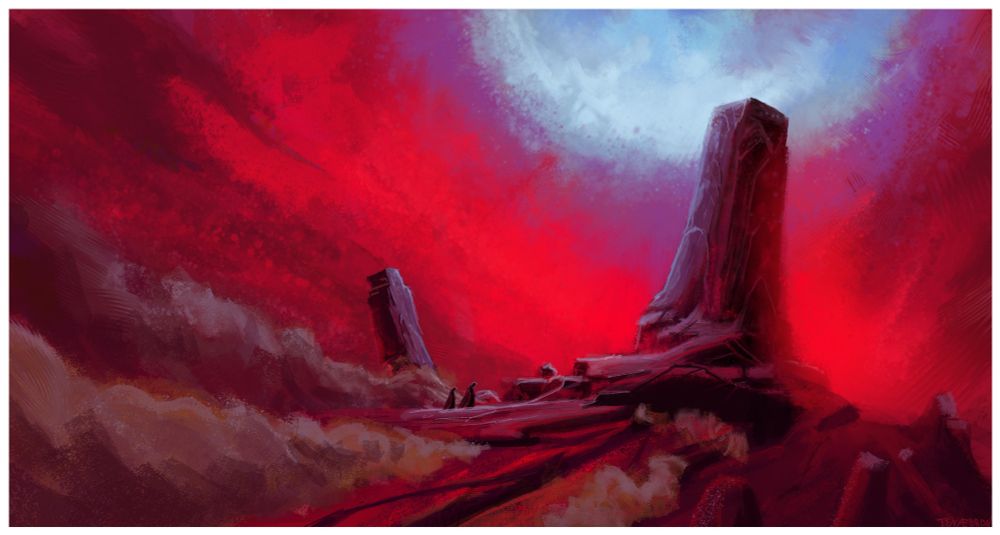 In a red storm under a blue sun, two mongs aproach a standing stone, their heads bowed.