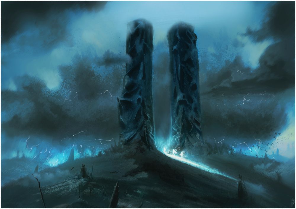A procession arriving at an invisble gate between two obsidian pillars, storns and watching crows around.

