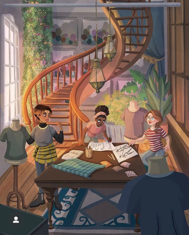 A commission I drew for a clothing templates business

Three women stand around a big table covered in sketches, rolls of fabric and pencils. There are mannequins with several T-shirt samples around