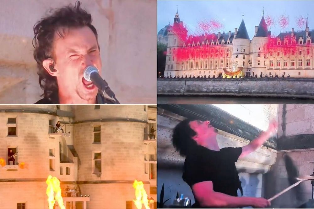 Four images of metal band Gojira at the Olympics, with two closeups of members and two long shots of the band on the side of the Court of Cassation, with one showing opera singer Marina Viotti and ribbons made to look like blood shooting from the windows where actors play the parts of headless nobles.