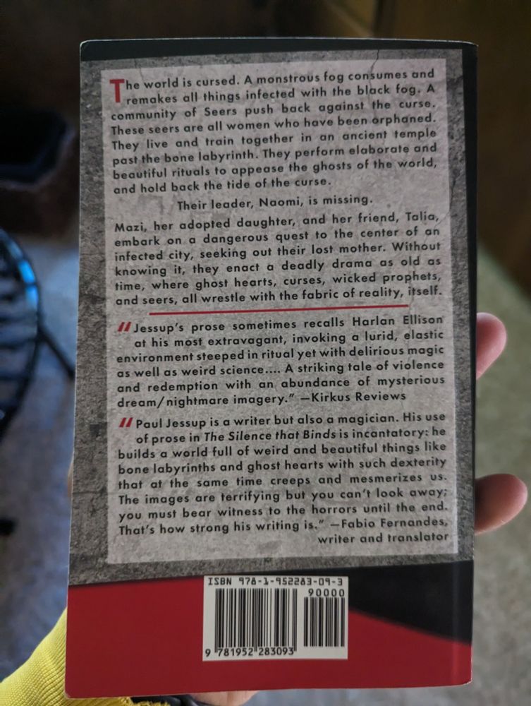 The back cover of Paul Jessup's The Silence That Binds, with praise from Kirkus Reviews and Fabia Fernandes.
