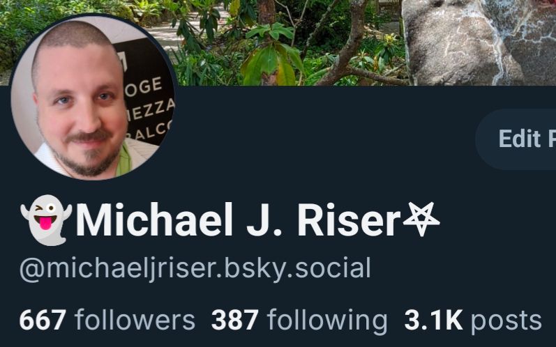 The Bluesky profile of Michael J. Riser, which shows 667 followers 