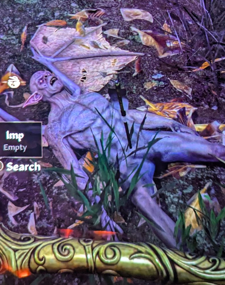 A screenshot of Oblivion Remastered showing a winged, grey-skinned imp shot in its non-existent ken-doll junk with an arrow. It lies in the ground amid fallen leaves and grass with the arrow sticking straight up.