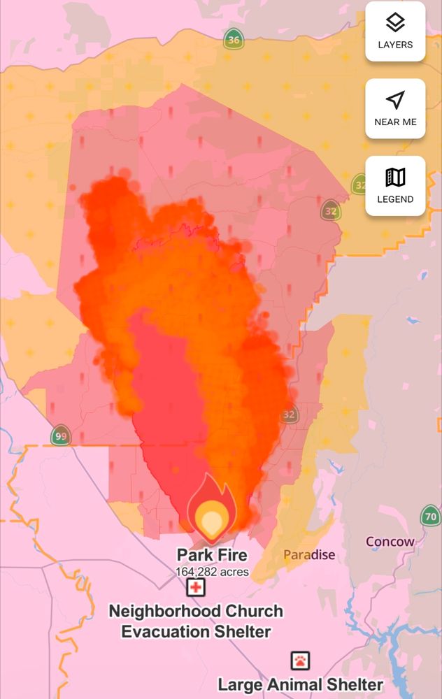 A screenshot from Watch Duty showing the Northern California Park Fire at 165,000 acres.