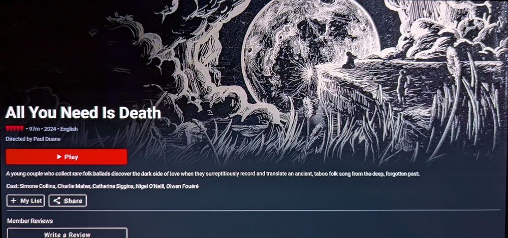 A snapshot of Shudder's page for All You Need Is Death, which shows a hand-drawn scene in black and white behind its descriptive text. The text reads: 