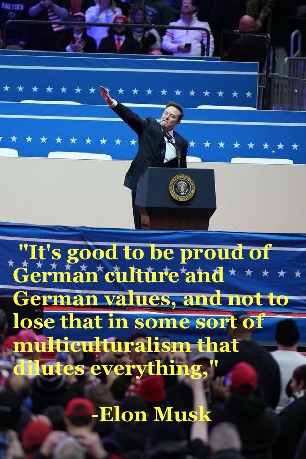 Elon Musk salutes with text reading: “ "It's good to be proud of German culture and German values, and not to lose that in some sort of multiculturalism that dilutes everything.” -Elon Musk