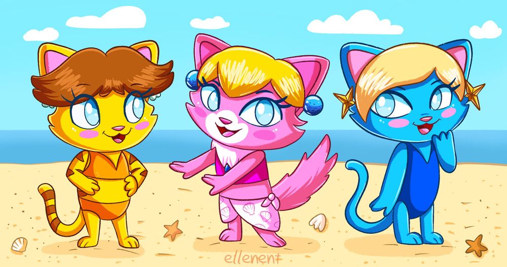 Digital art of the Mario princesses (Daisy, Peach and Rosalina) as cats. They are at the beach.
