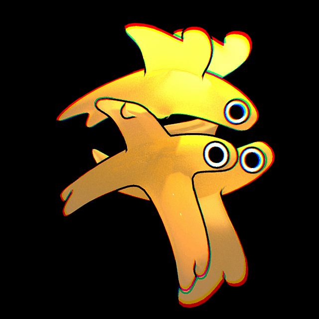 spinning gif of cyclopean yellow rubbery bird-like creatures
