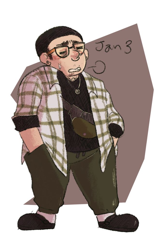 A drawing of a fat cartoon transmasc person wearing glasses in a black beanie. He's wearing a a green checked flannel, a long sleeve black shirt under it, green joggers, black crocs, and a cross body bag under his over shirt. He looks tired.