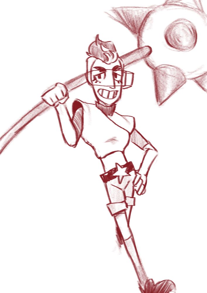 A thin woman with an undercut and a see-through visor over her eyes. She's wearing a cropped shirt with big shoulders and a star buckle on the belt on her shorts. She has one hand on one hip and the other hand holds a huge morning star. She's grinning.