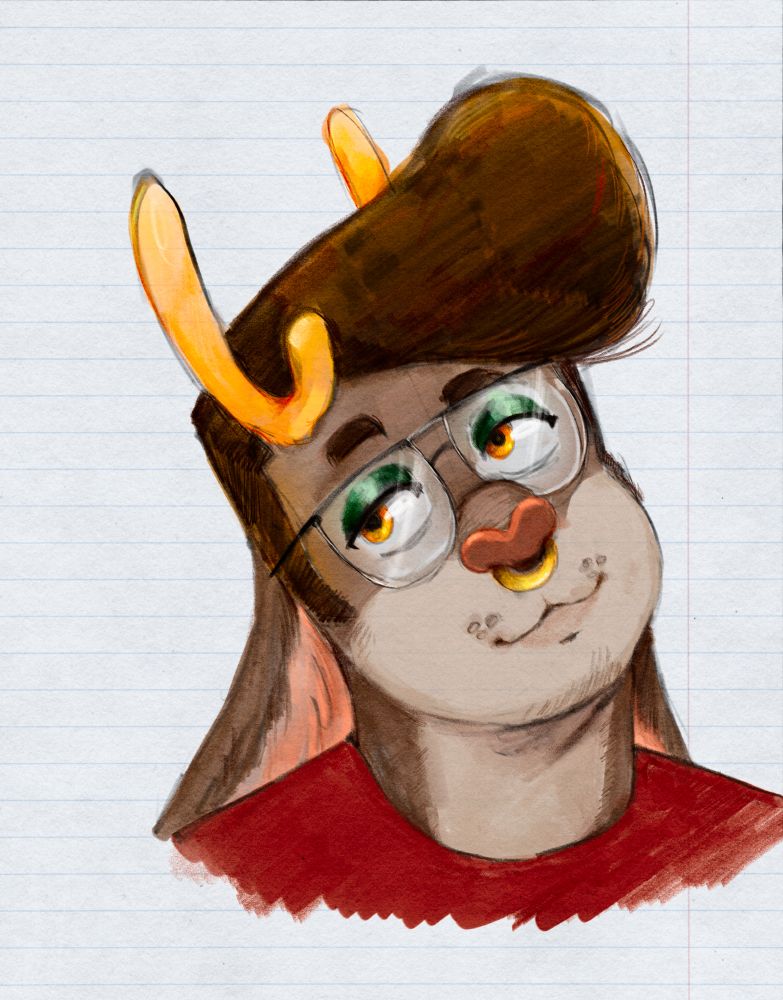 A drawing of a bust of an anthro jackalope with gold antlers, gold eyes, and a gold septum piercing. He wears glasses and green eyeliner, he has a pompadour hairstyle and a red t-shirt.