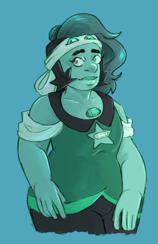A blue-green woman with a large build. She has a headband around her forehead that has eyes on it, and two gems on her chest, one of them sitting inside of a star cut-out on her shirt. 